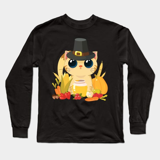 Chibi Anime Cat Harvest Festival Thanksgiving Day Long Sleeve T-Shirt by TheBeardComic